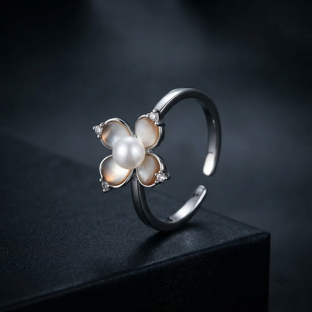 Silver Artisanal White Rose Enamel Solitaire Adjustable Ring - View 6