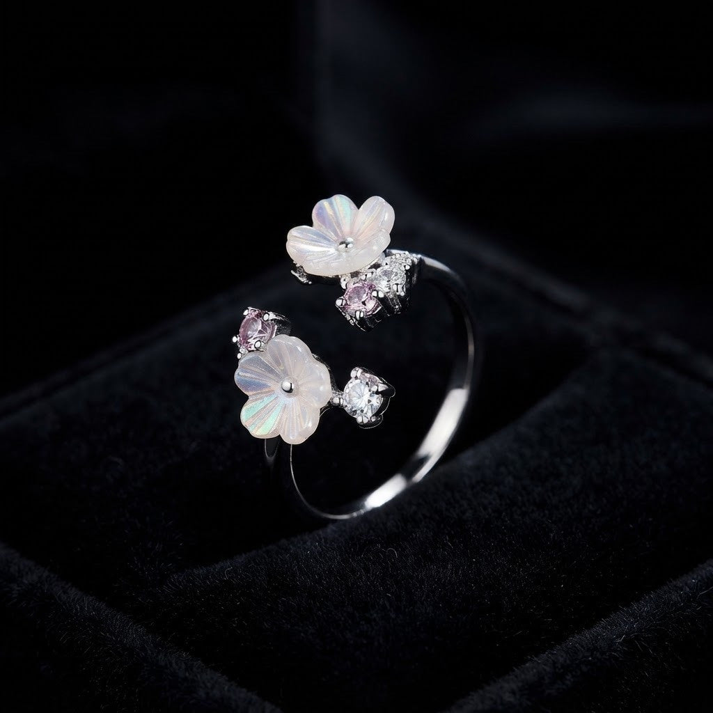 Silver Dual Magnolia Blossom Carved MOP Bypass Adjustable Ring - View 1