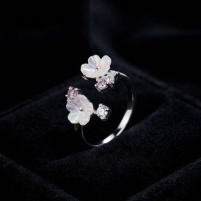 Silver Dual Magnolia Blossom Carved MOP Bypass Adjustable Ring - View 1