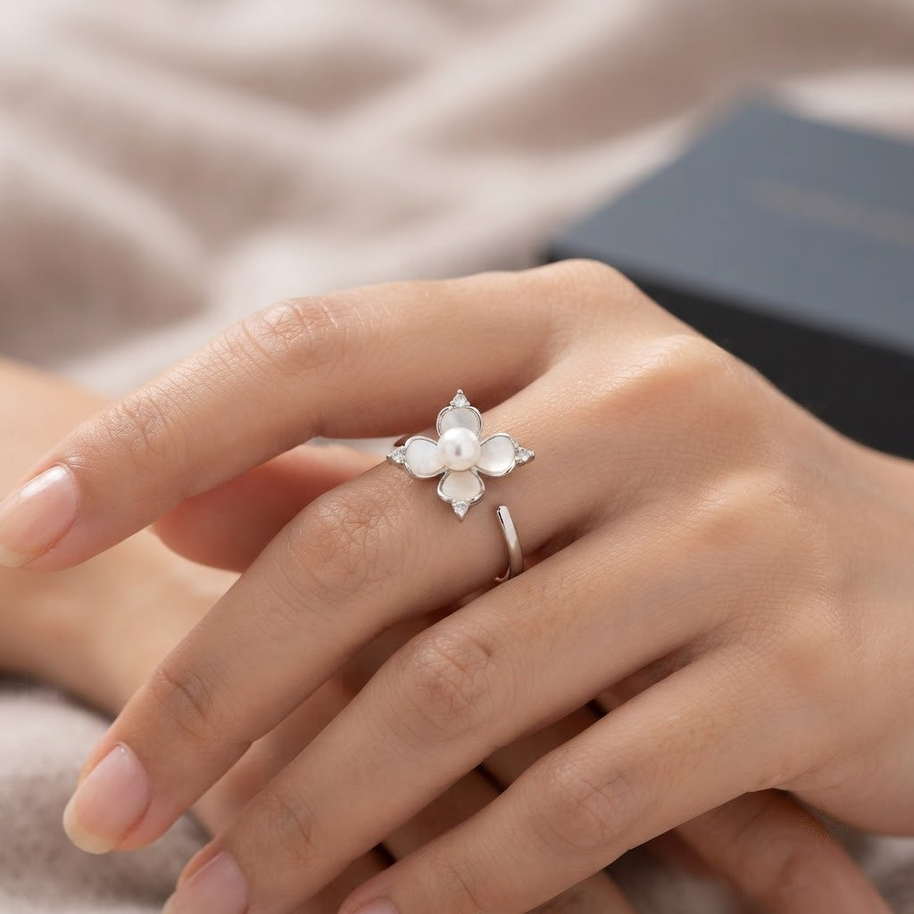 Silver Artisanal White Rose Enamel Solitaire Adjustable Ring - View 5