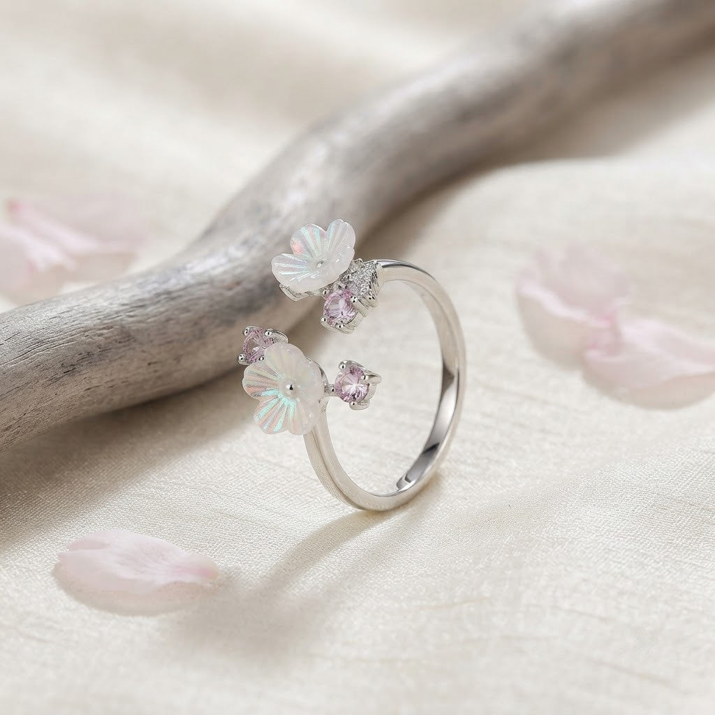 Silver Dual Magnolia Blossom Carved MOP Bypass Adjustable Ring - View 3