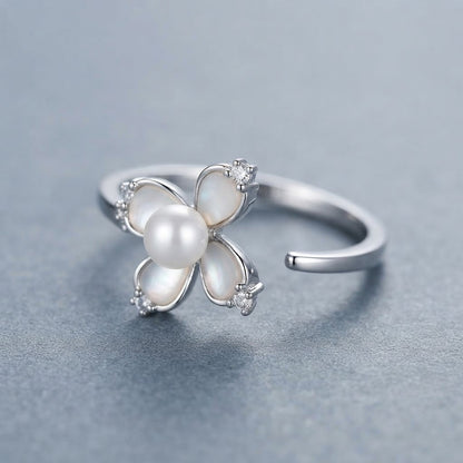Silver Artisanal White Rose Enamel Solitaire Adjustable Ring - View 4