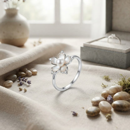 Silver Artisanal White Rose Enamel Solitaire Adjustable Ring - View 3