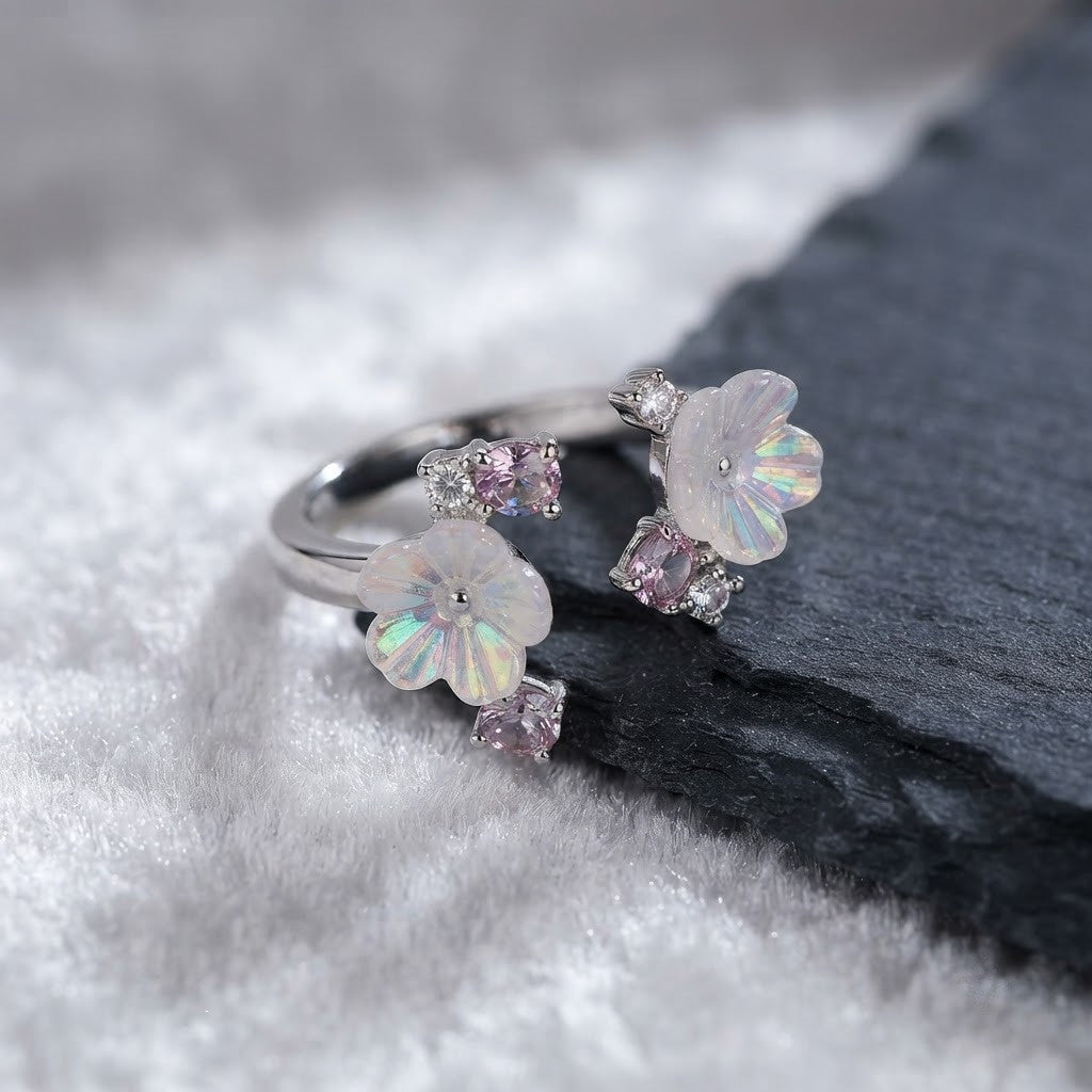 Silver Dual Magnolia Blossom Carved MOP Bypass Adjustable Ring - View 2