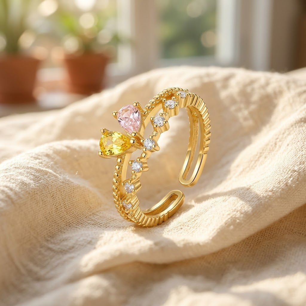 Rainbow Pear Crystal Floating Crown Adjustable Ring - View 3