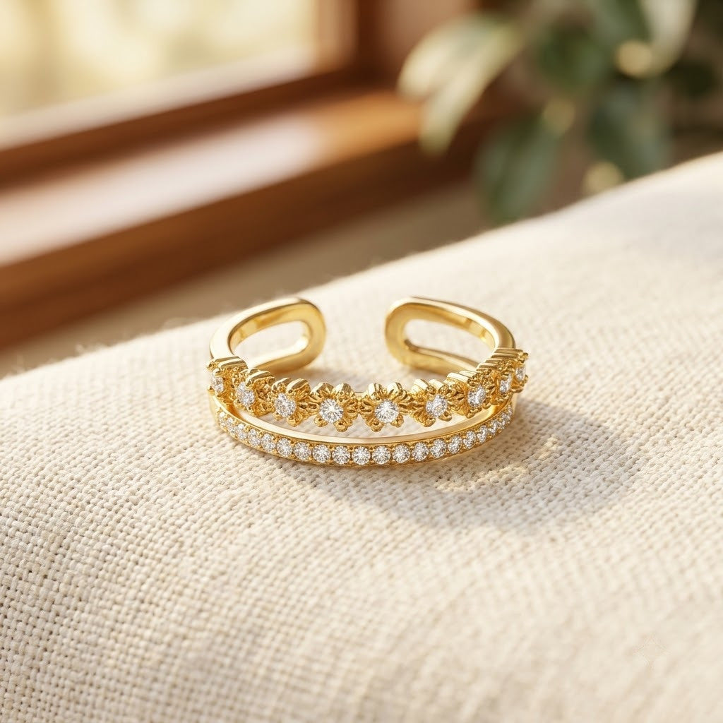 Dual Layer Pavé Diamond Split Shank Adjustable Ring - View 3