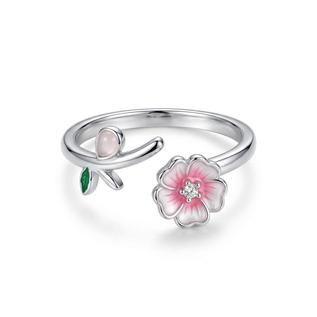 Silver Kawaii Cat Paw & Pink Sakura Blossom Adjustable Ring - View 7