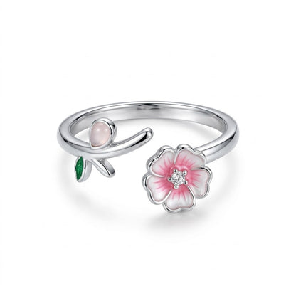 Silver Kawaii Cat Paw & Pink Sakura Blossom Adjustable Ring - View 7