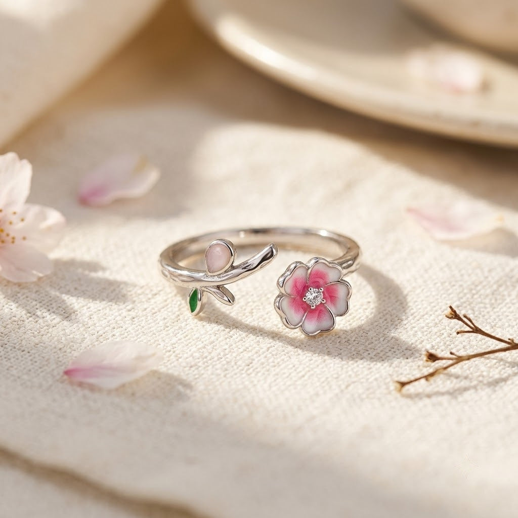 Silver Kawaii Cat Paw & Pink Sakura Blossom Adjustable Ring - View 3