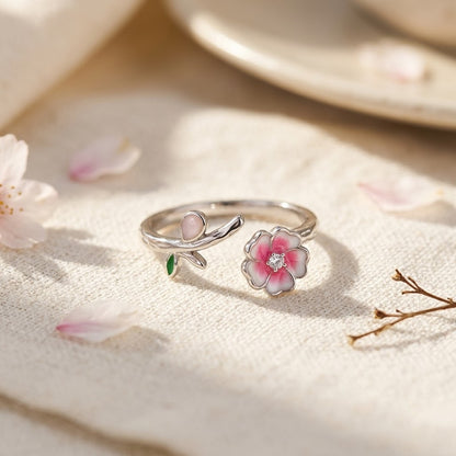 Silver Kawaii Cat Paw & Pink Sakura Blossom Adjustable Ring - View 3