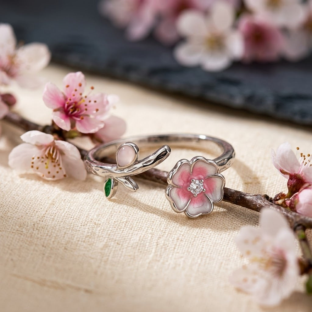Silver Kawaii Cat Paw & Pink Sakura Blossom Adjustable Ring - View 2