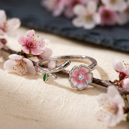 Silver Kawaii Cat Paw & Pink Sakura Blossom Adjustable Ring - View 2