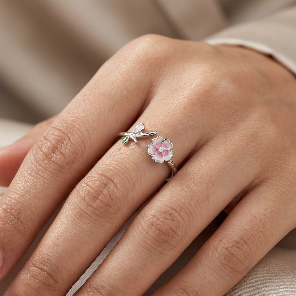 Silver Kawaii Cat Paw & Pink Sakura Blossom Adjustable Ring - View 5