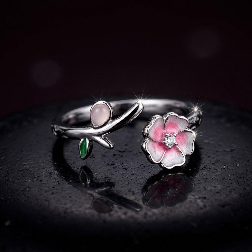 Silver Kawaii Cat Paw & Pink Sakura Blossom Adjustable Ring - View 6