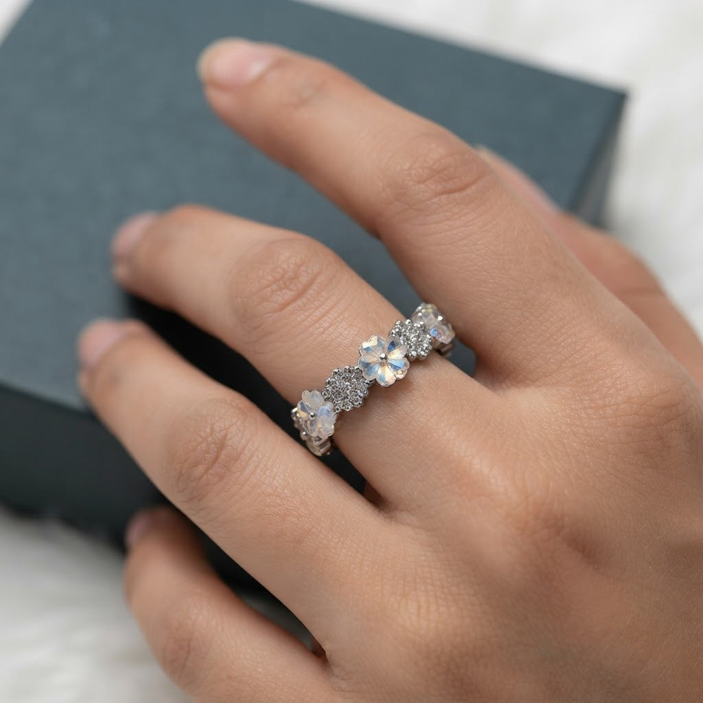 Silver Mother of Pearl Floral Blossom Eternity Adjustable Ring - View 5