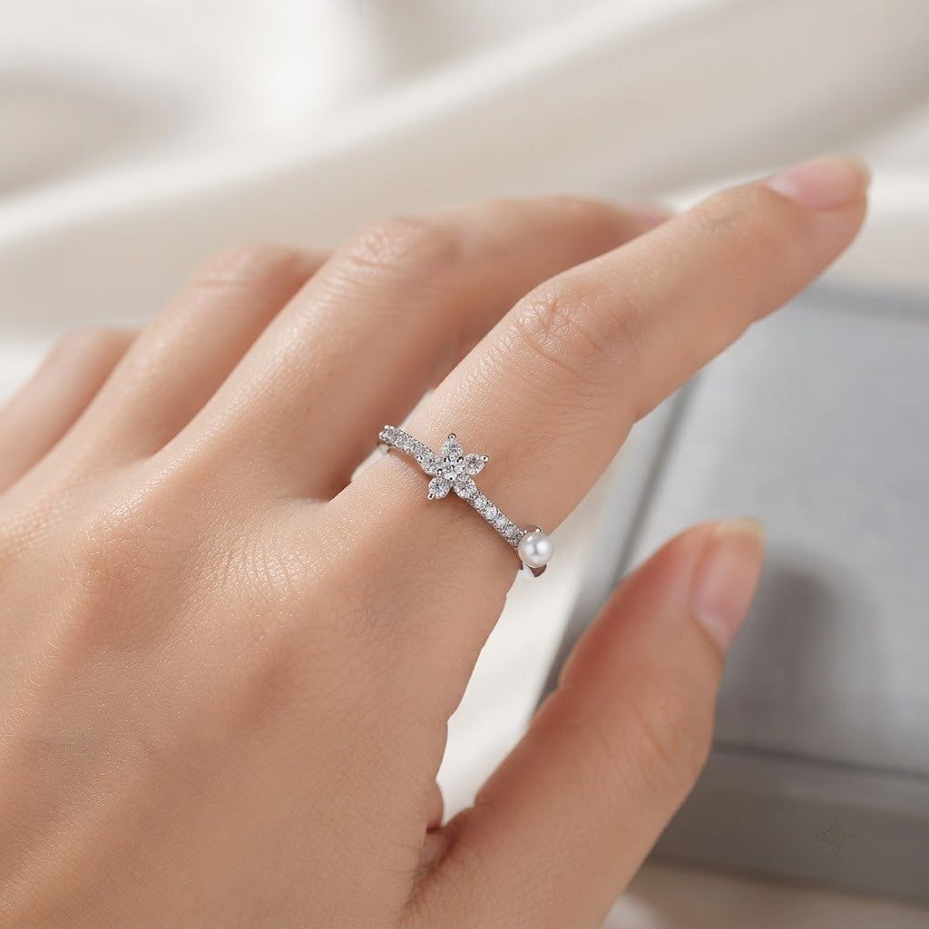 Silver Celestial Star & Luminous Pearl Vine Adjustable Ring - View 5