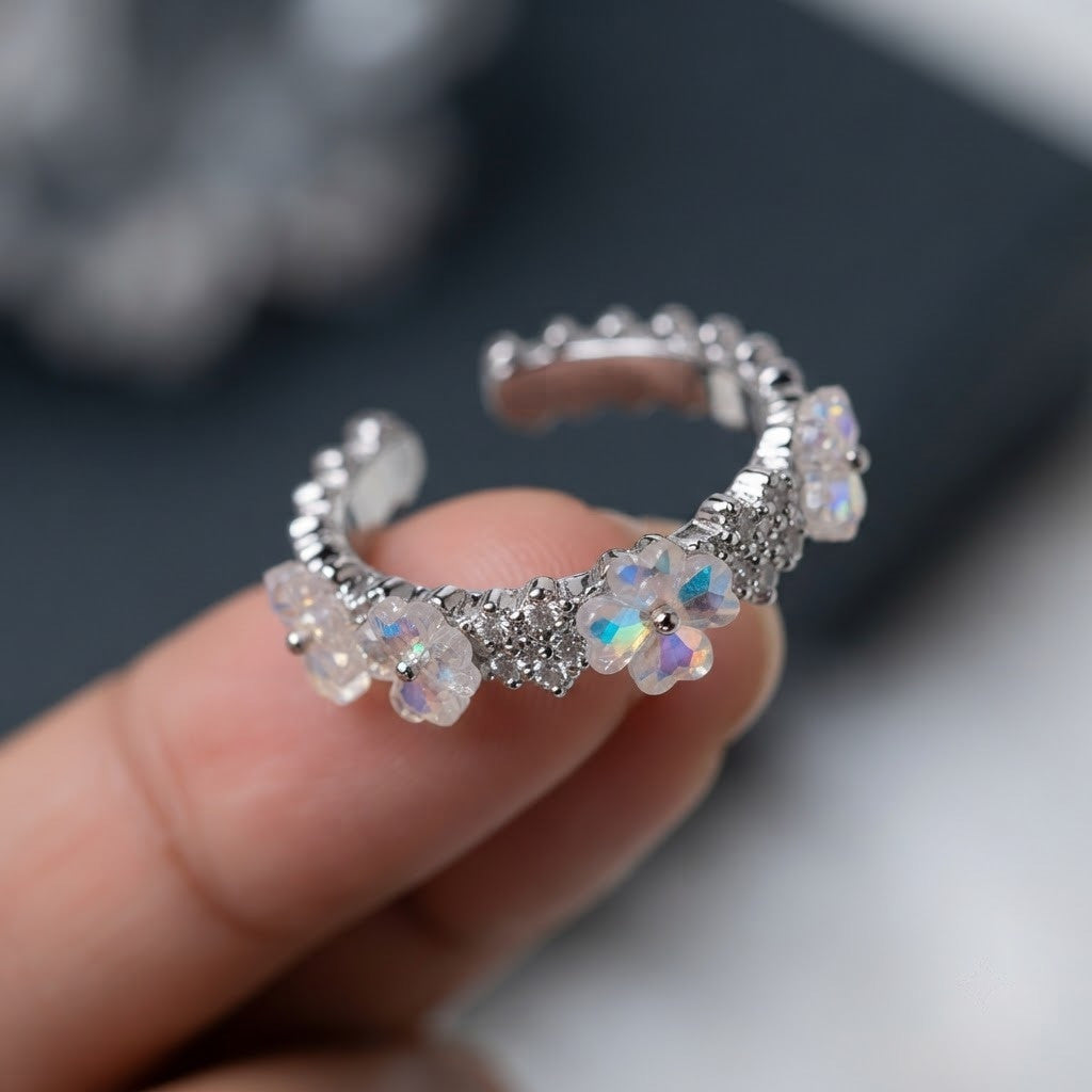 Silver Mother of Pearl Floral Blossom Eternity Adjustable Ring - View 4