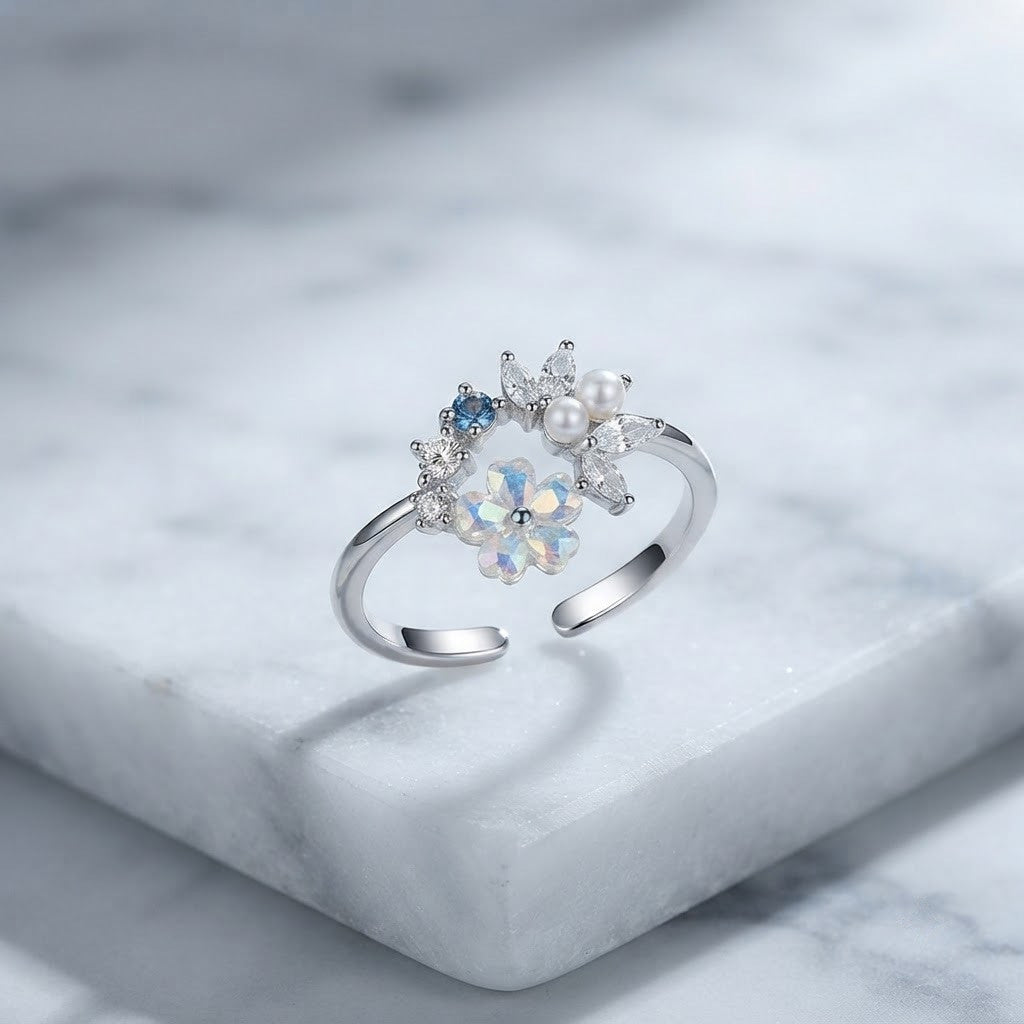 Silver Pastel Wildflower & Sapphire Crystal Adjustable Ring - View 1