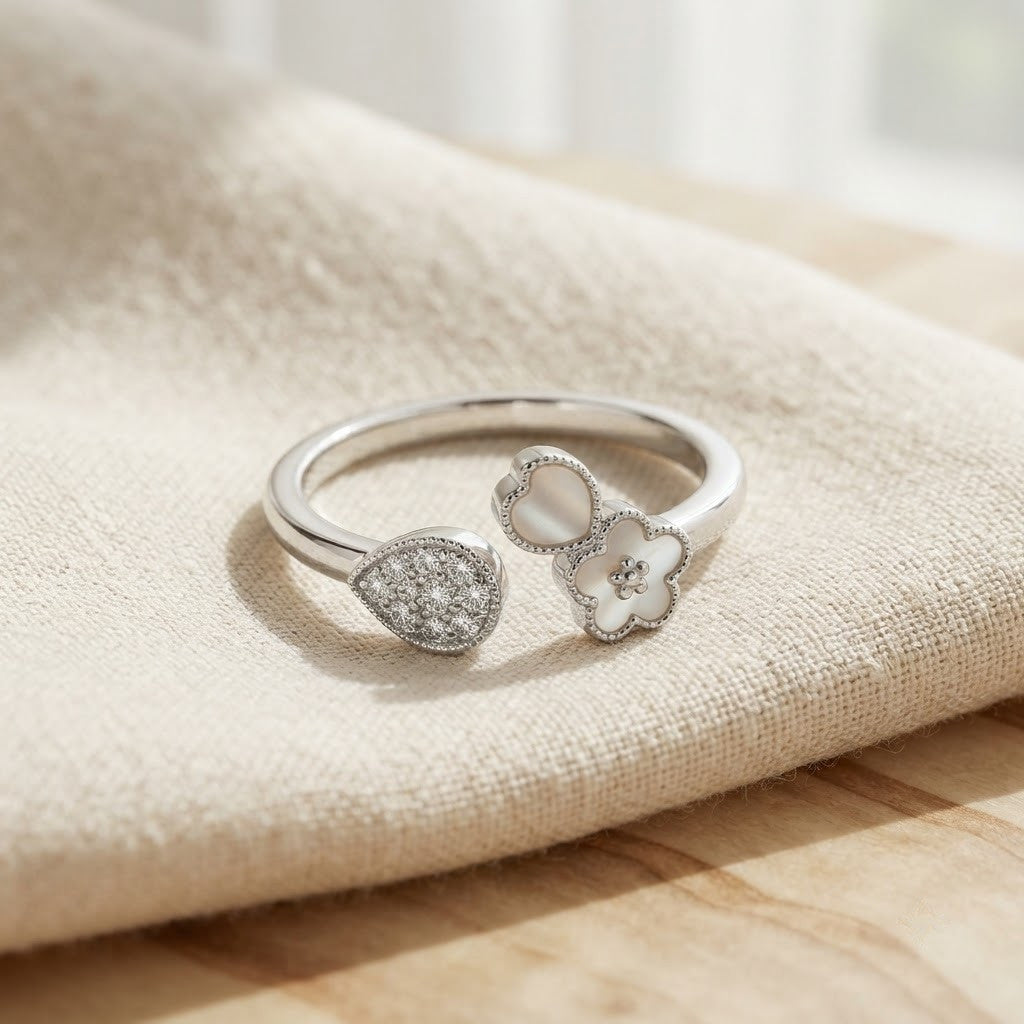 Silver Double Daisy Wildflower Dainty Bypass Adjustable Ring - View 2