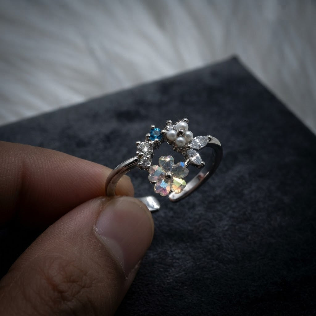 Silver Pastel Wildflower & Sapphire Crystal Adjustable Ring - View 6