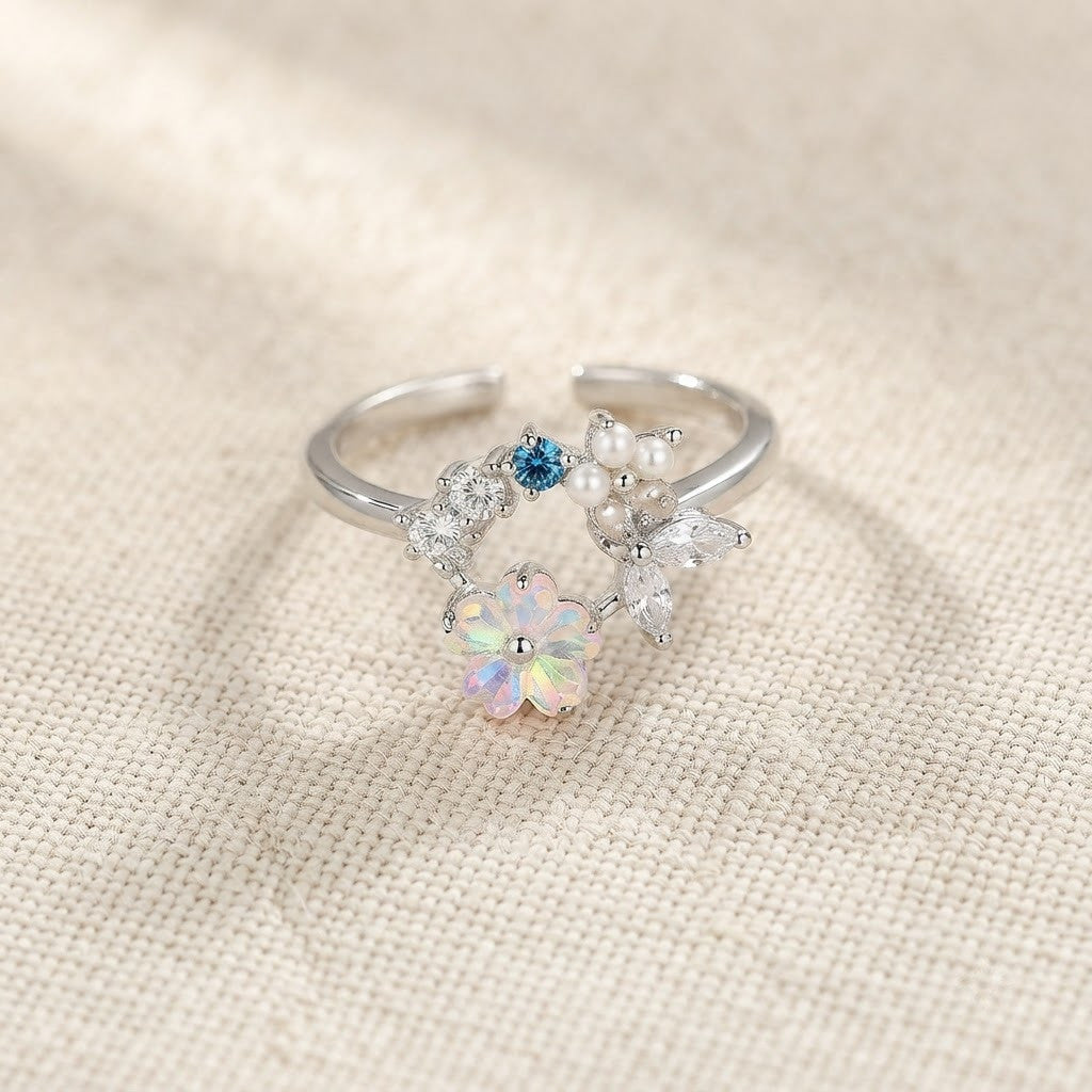 Silver Pastel Wildflower & Sapphire Crystal Adjustable Ring - View 8