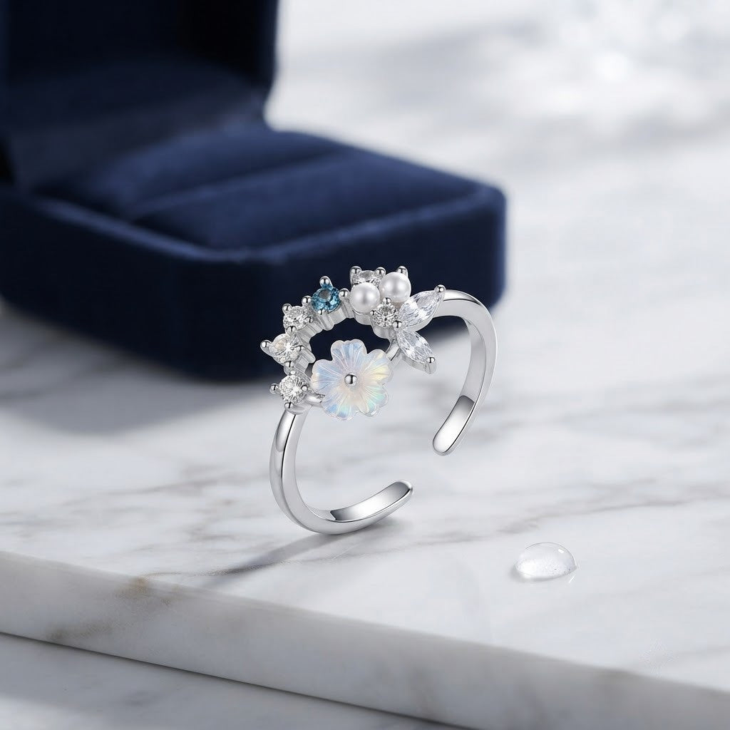 Silver Pastel Wildflower & Sapphire Crystal Adjustable Ring - View 2