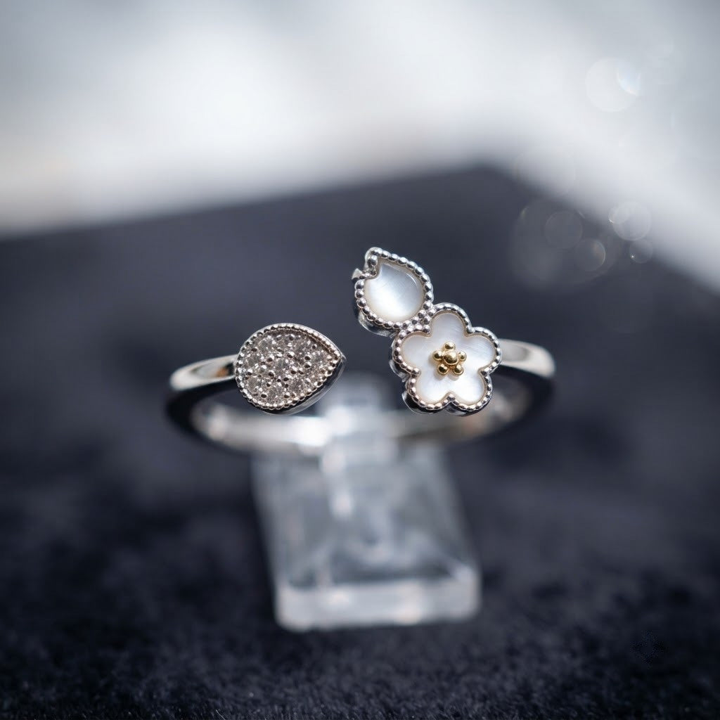 Silver Double Daisy Wildflower Dainty Bypass Adjustable Ring - View 3