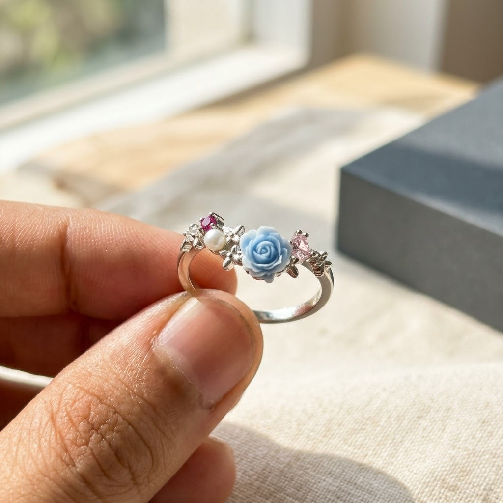 Silver Enchanted Blue Rose Enamel & Crystal Adjustable Ring - View 2