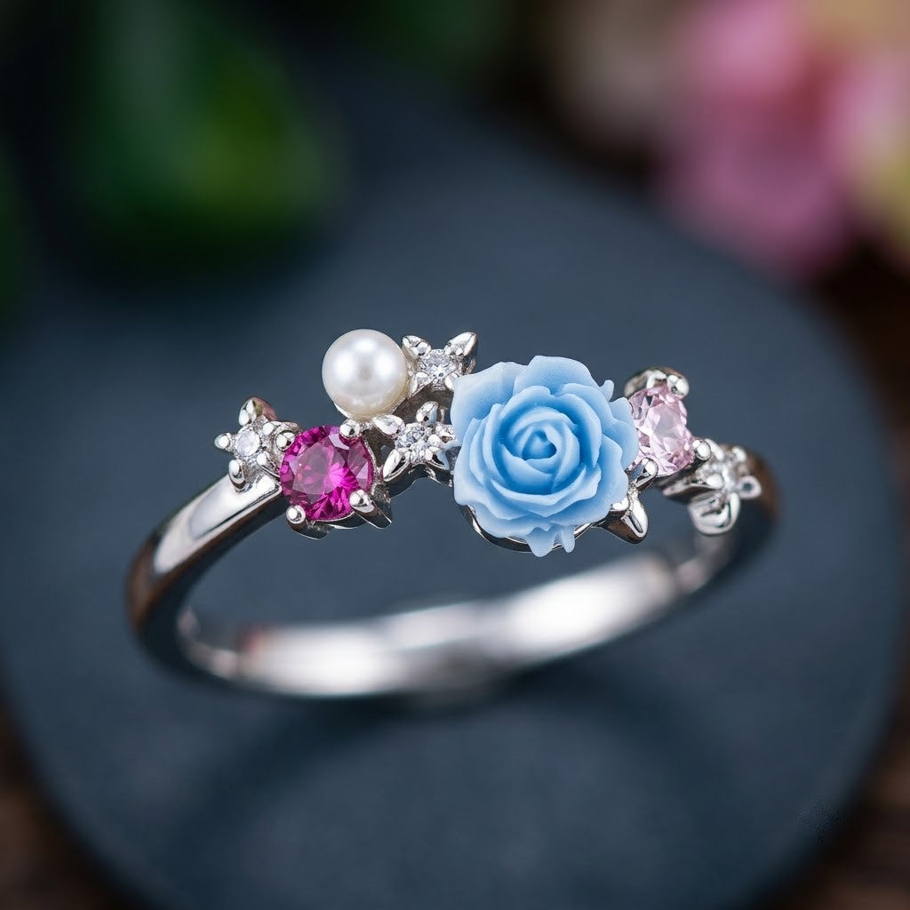 Silver Enchanted Blue Rose Enamel & Crystal Adjustable Ring - View 3