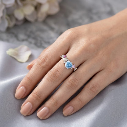 Silver Enchanted Blue Rose Enamel & Crystal Adjustable Ring - View 4