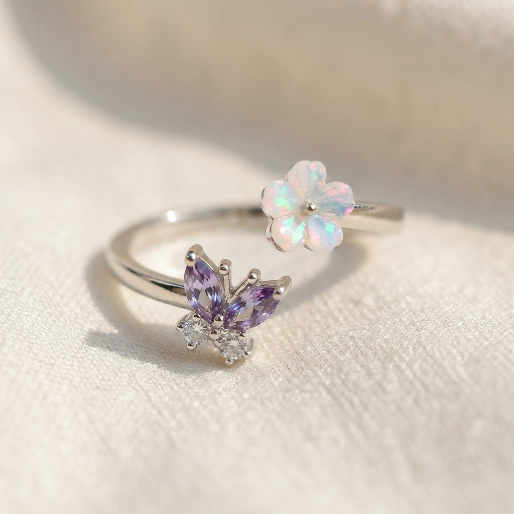 Silver Purple Amethyst Butterfly & Flower Bypass Adjustable Ring - View 3