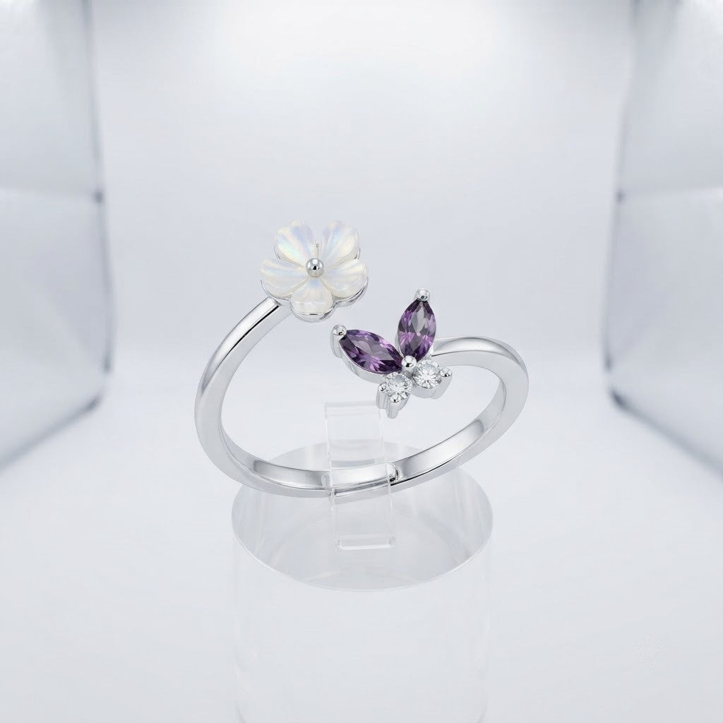 Silver Purple Amethyst Butterfly & Flower Bypass Adjustable Ring - View 7