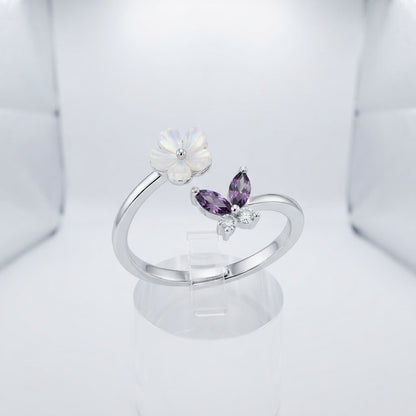 Silver Purple Amethyst Butterfly & Flower Bypass Adjustable Ring - View 7