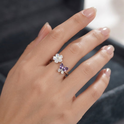 Silver Purple Amethyst Butterfly & Flower Bypass Adjustable Ring - View 5