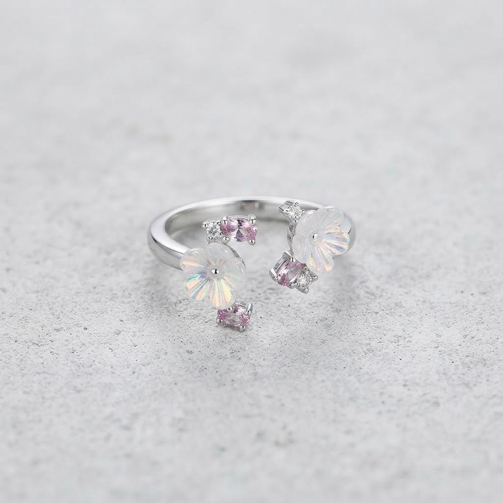 Silver Dual Magnolia Blossom Carved MOP Bypass Adjustable Ring - View 8