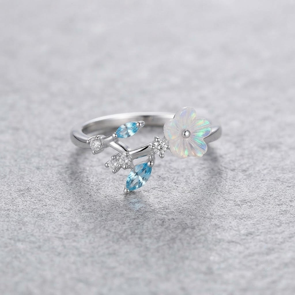 Silver MOP Flower & Sky Blue Marquise Vine Adjustable Ring - View 8