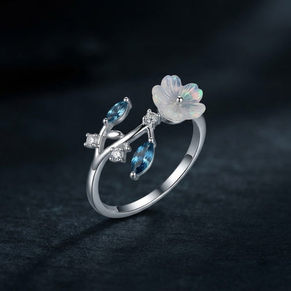 Silver MOP Flower & Sky Blue Marquise Vine Adjustable Ring - View 6