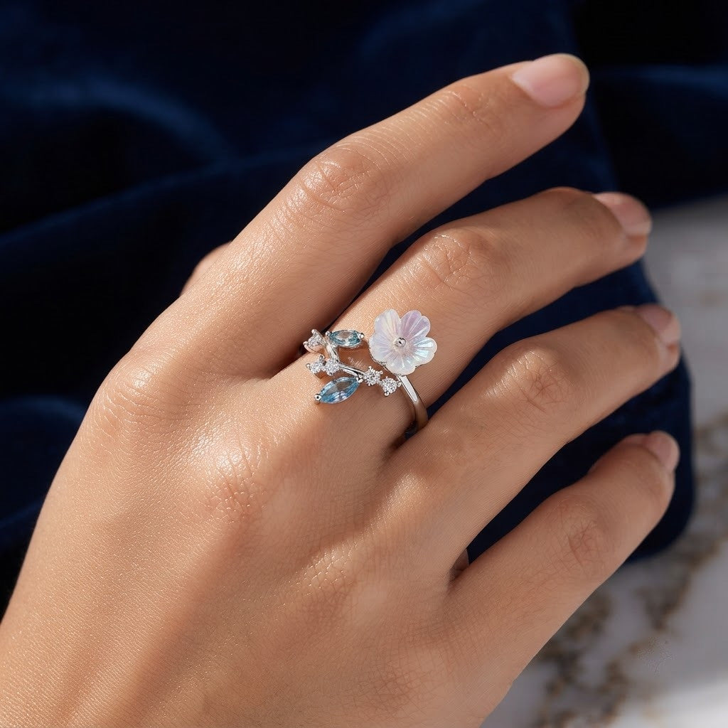 Silver MOP Flower & Sky Blue Marquise Vine Adjustable Ring - View 5