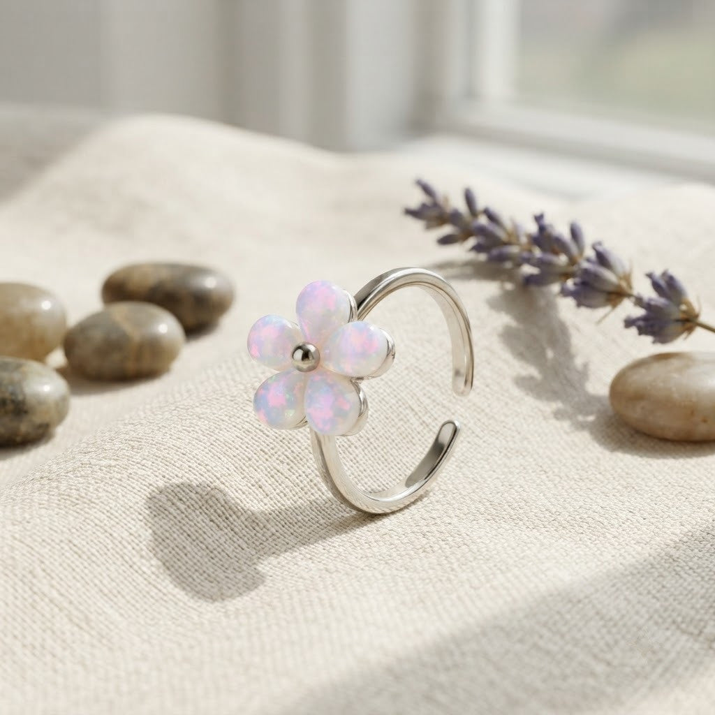 Silver Hand Carved Mother of Pearl Blossom Adjustable Ring - View 3