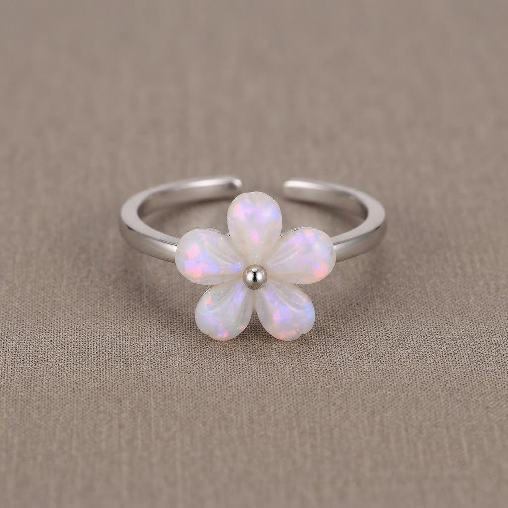 Silver Hand Carved Mother of Pearl Blossom Adjustable Ring - View 8