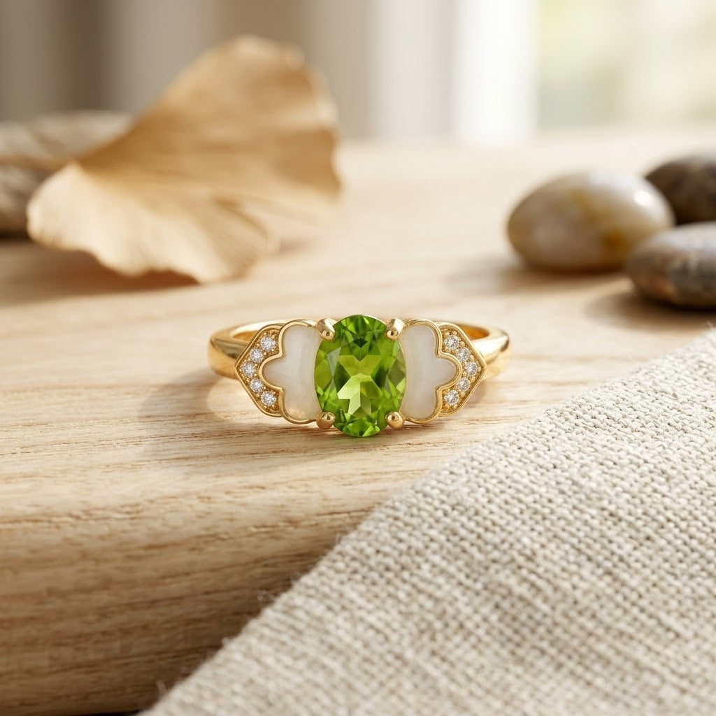 Vintage Peridot Green Oval Gemstone Petal Enamel Adjustable Ring - View 3