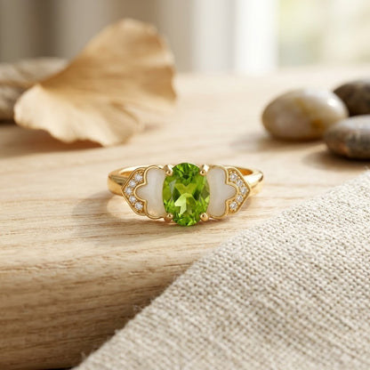 Vintage Peridot Green Oval Gemstone Petal Enamel Adjustable Ring - View 3