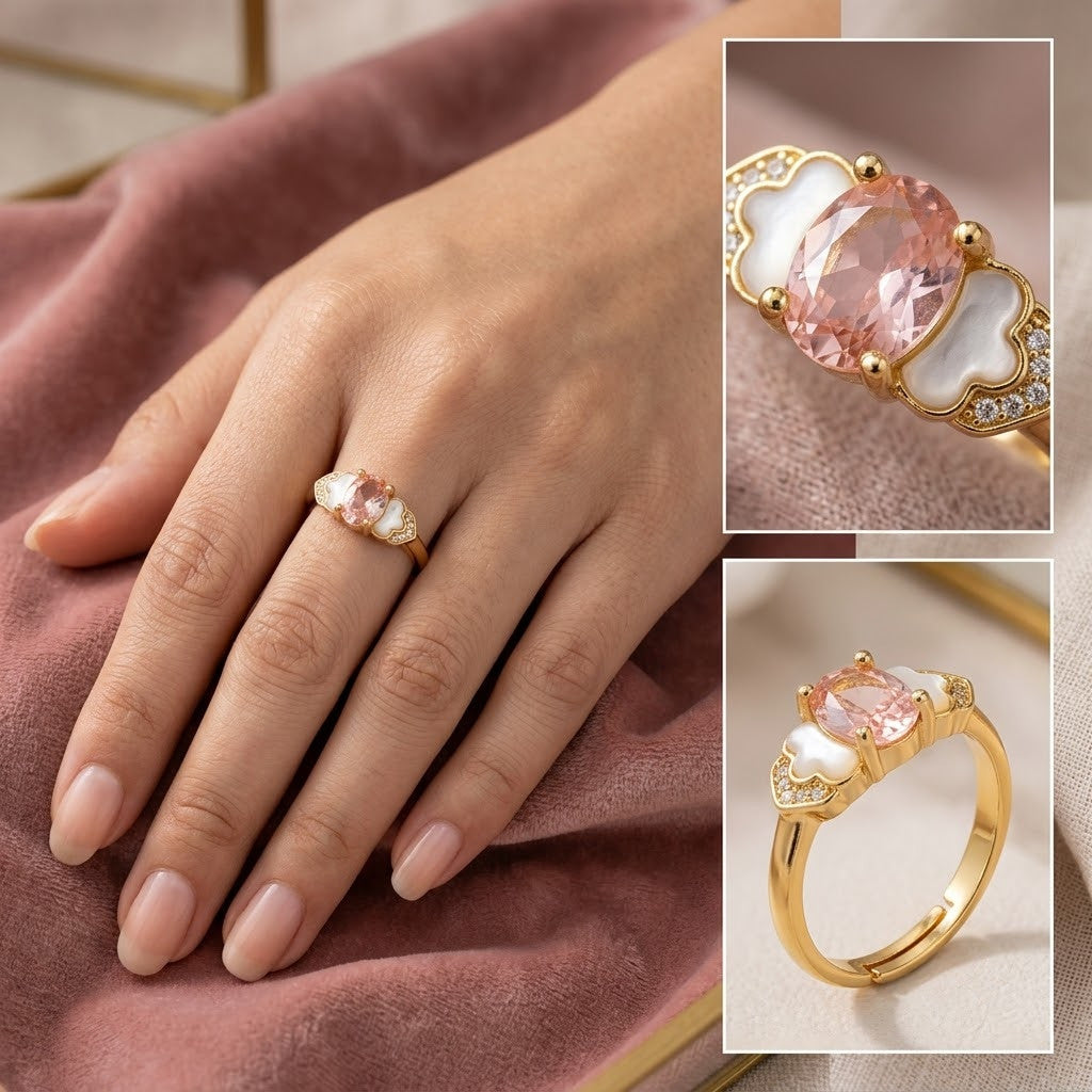 Blush Pink Rose Quartz Oval Bezel Adjustable Ring - View 5