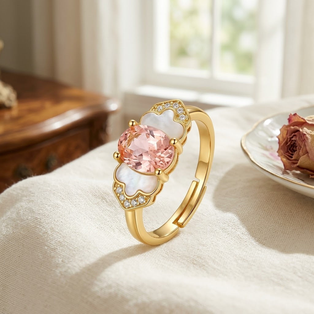 Blush Pink Rose Quartz Oval Bezel Adjustable Ring - View 3