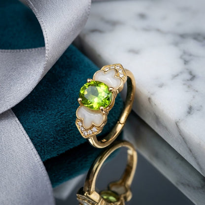 Vintage Peridot Green Oval Gemstone Petal Enamel Adjustable Ring - View 1