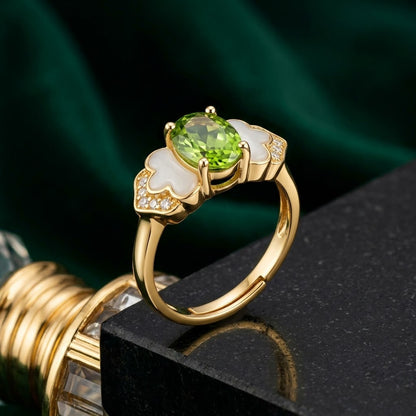 Vintage Peridot Green Oval Gemstone Petal Enamel Adjustable Ring - View 2