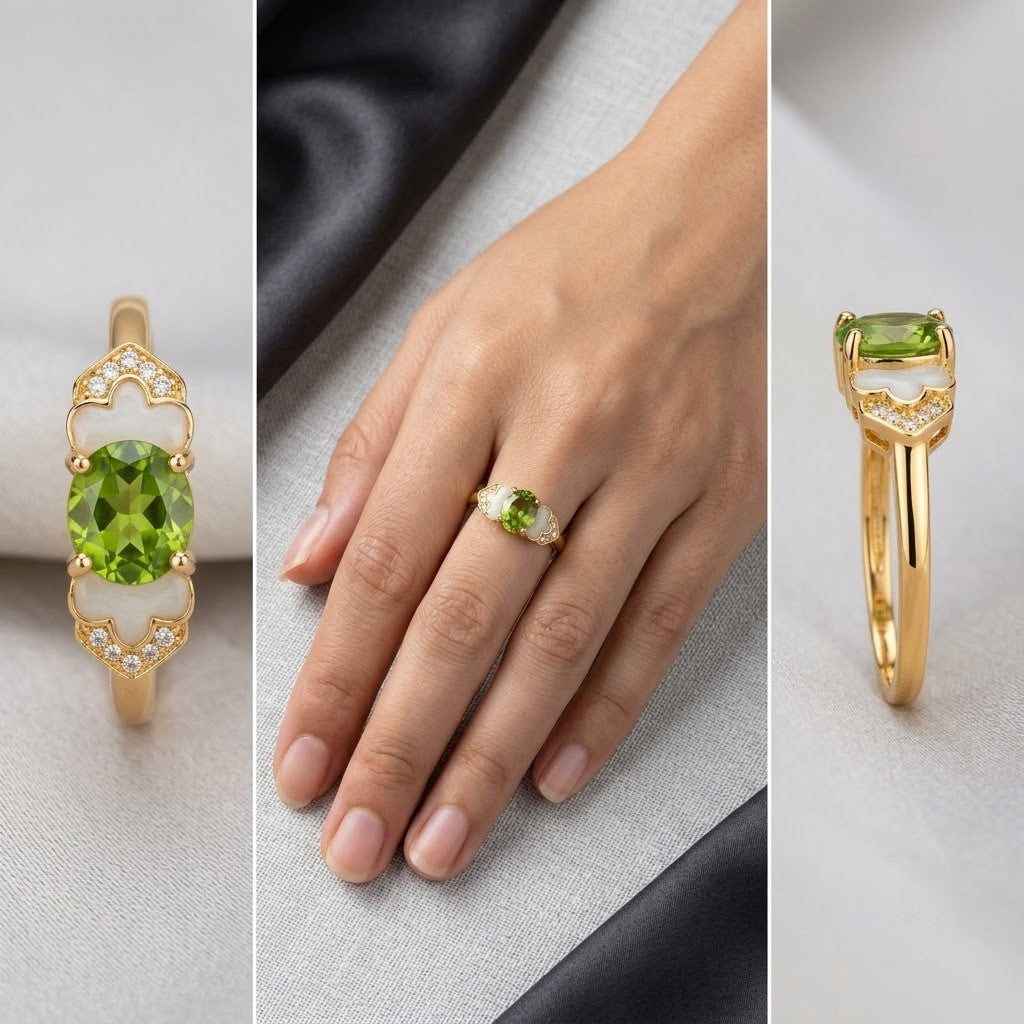 Vintage Peridot Green Oval Gemstone Petal Enamel Adjustable Ring - View 5