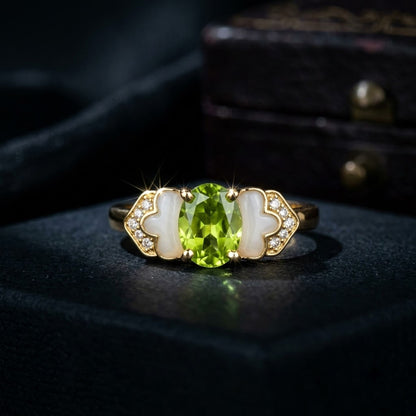 Vintage Peridot Green Oval Gemstone Petal Enamel Adjustable Ring - View 6