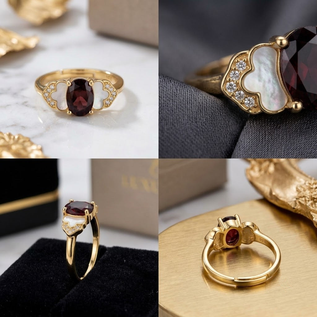 Vintage Deep Crimson Garnet Oval Gemstone Statement Adjustable Ring - View 1