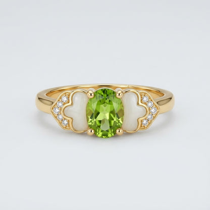 Vintage Peridot Green Oval Gemstone Petal Enamel Adjustable Ring - View 7